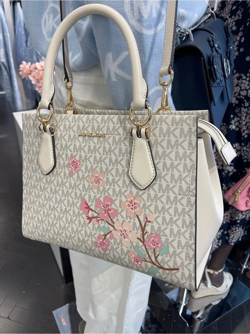Michael Kors Marilyn Medium Embellished Signature Logo Satchel Light Cream  NWT